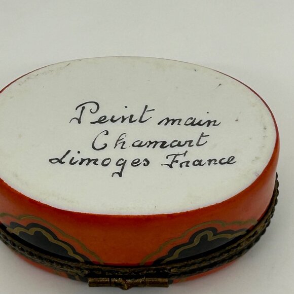 Limoges Oval Trinket Box Handprinted in France Brass Accents Orange-Black Design - Picture 14 of 16